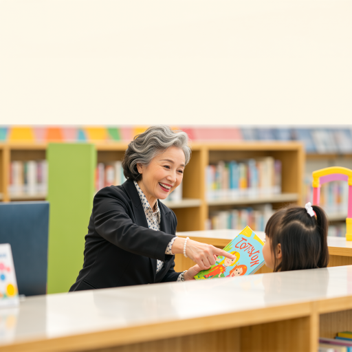 四十五岁左右女性副教授头像，穿深蓝色套装，温和微笑表情，图书馆背景