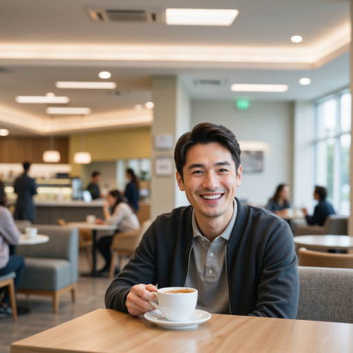 三十八岁左右男性讲师头像，穿灰色毛衣，友善微笑表情，教室背景